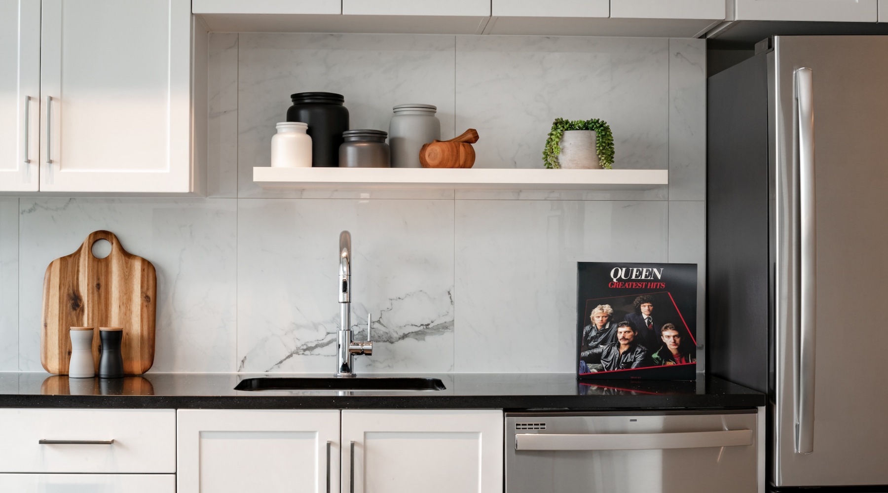 Watermark Buzzard Point Kitchen Detail Watermark Buzzard Point Kitchen  Open Shelving and Quartz Backsplash